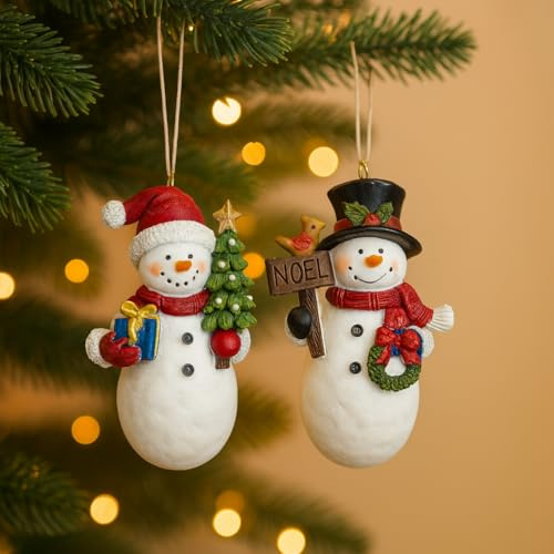 Christmas Snowman Ornament Set of 2 – Hand-Painted Resin Figurines with Hanging Cord, Cute Holiday Decorations for Tree, Mantel, or Gift – 4 Tall Lightweight Christmas Decor (Snowmen)