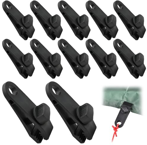 Lot de 12 tendeurs de bâche - Fixation de bâche - Clips de fixation réglables pour camping, auvents, auvents, voile d'ombrage et jardin - Design antidérapant pour un maintien sûr