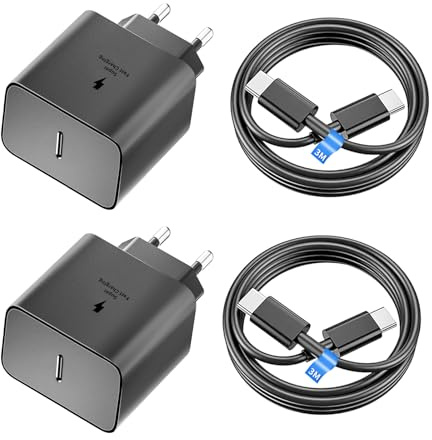 2Pcs Samsung 45W Chargeur USB C,Secteur Charge Rapide Type C pour Samsung Galaxy S25/S24/S23/S22/S21/S20/Ultra/Note 20/S10/S9,A54,A53,Z Fold/Z Flip/Tab,Prise Secteur USBC Adapteur Mural avec 3M Câble