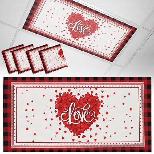 4 Pack Magnetic Fluorescent Light Covers, LOVE Heart Valentine's Day Romantic Red Plaid Boundary Magnetic Light Covers for Ceiling Lights Classroom Office Valentine's Day Decor