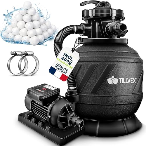 tillvex Depuradora de Agua para Piscina con temporizador 7.900L/h + 400g Bolas de Filtro | 7 Funciones de Filtrado & Adaptador Ø32-38mm | Filtro de piscina con indicador de presión (AquaBlack Pro)