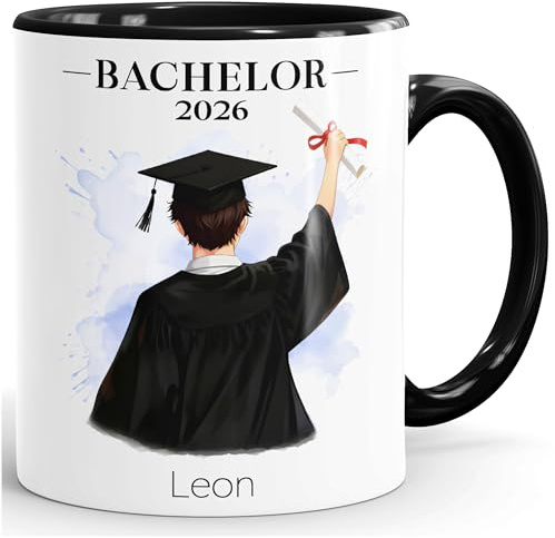 SpecialMe® Kaffee-Tasse Bachelor 2026 - Geschenk Abschluss Männer personalisiert Name - Figur anpassbar - Keramikbecher Weiss-innen-schwarz standard