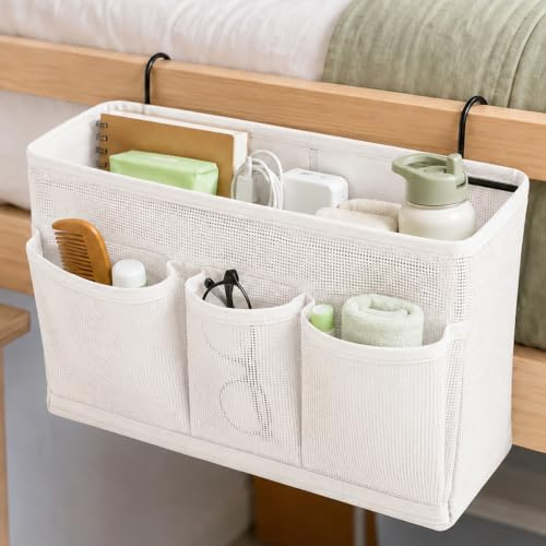 JITPOU Bett Organizer zum Einhängen | Betttasche mit 3 Fächer | Hängeaufbewahrung für Babybett & Hochbett | Platzsparender Nachttisch-Ersatz | für Zuhause, Schule, Wohnheim (Beige)