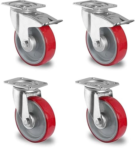 Rollensatz 2 Lenkrollen mit Feststeller + 2 Lenkrollen 125 mm Polyurethan rot