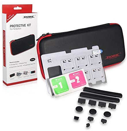 Kit de protection compatible avec la console Nintendo Switch (sacoche, film en verre trempé, extension pour cartouches, embouts silicone...)