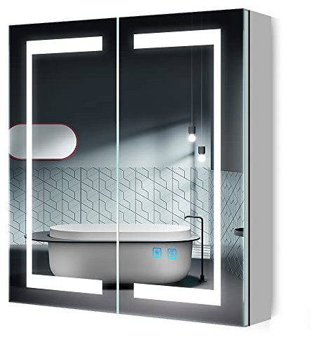 Quavikey® Spiegelschränke fürs Bad LED Beleuchtung 2 Spiegeltür Einstellbare Helligkeit Doppelstecker-Rasiersteckdose Sensorschalter Anti-Beschlag-Schalter Spiegelseitenwände 63 x 65cm
