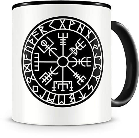 Samunshi® Vegvisir mit Runen B Tasse für Kaffe oder Tee Geschenk für Vikinger Wikinger Germanen Fans Kaffeetasse Kaffeepot Teetasse Lustige Tassen zum Geburtstag schwarz Keramik 300ml