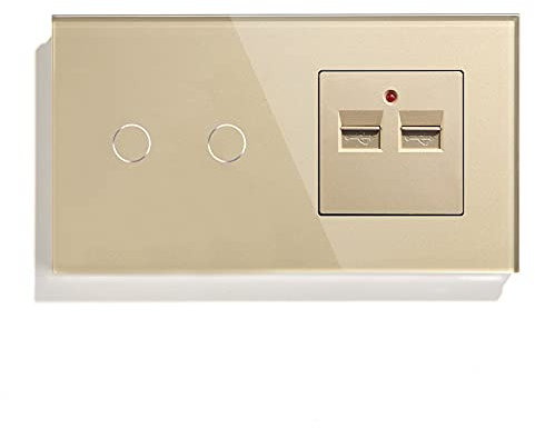 BSEED Interruptor de Luz WIFI Inteligente con 2 USB, Compatible con Alexa Google Home Tuya, Interruptor Táctil Control Remoto de Vidrio Multifunción 2 Gang 2 Vía Oro