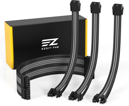 EZDIY-FAB PSU-Kabelverlängerung, personalisierbar, ummantelt für PC-Netzteil, weiches Nylon, geflochten, mit Kamm-Set, 24-polig, 8-polig, 6 + 2-polig, 8-polig, 4 + 4 Pin-30 cm, 300 mm, Schwarz und