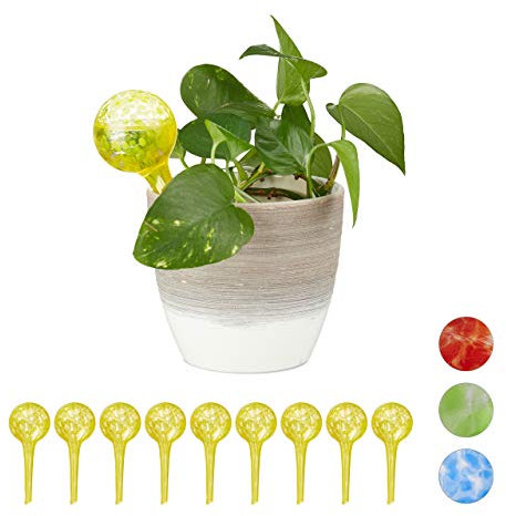 Relaxdays 10 x Bewässerungskugel im Set, dosierte Bewässerung Pflanzen u. Blumen, Gießhilfe Büro, Urlaub, Ø 6 cm, Glas, gelb