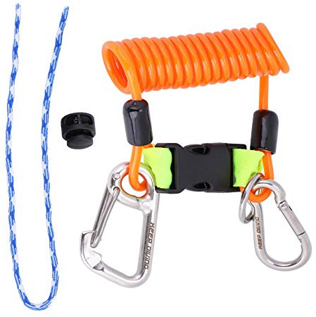 Demeras Tauch-Lanyard Anti-Lost Spring Coil Lanyard Scuba Diving Lanyard Schnellverschluss-Schnallenclip mit Sicherheits-Notfallwerkzeug aus Stahlkarabiner(Orange)