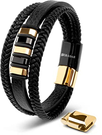 SERASAR Läderarmband för Män 17cm Flätat Guld/Svart Armband Pojkarmband Hanarmband Smyckepresentidé Jubileumspresenter Present till Make, Pojkvän
