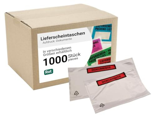dm-folien Lieferscheintaschen DIN LANG I 1000 Stück I Selbstklebende Versandtaschen mit Aufdruck I Rot-transparente Versandunterlagen für Dokumente I Versandzubehör aus PP