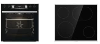 Gorenje Einbau-Herd-Set Black Set 4 mit Glaskeramik-Kochfeld, Heißluft, 77 Liter, ExtraSteam, GentleClose & Open, EcoClean, AirFry, PizzaMode, PerfectGrill, Teleskopauszüge, Schwarz