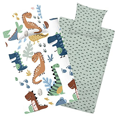 Aminata kids Bettwäsche Dinosaurier-Motiv 135x200 80x80 - Kinder-Bettwäsche-Set, Kinderbettwäsche mit Dino-Motiv, bunt - Jungen
