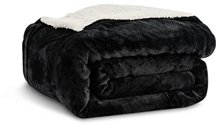 Kono Sherpa Fleece Throw Blanket 130 * 150cm Soft Cosy Fluffy Reversible Microfiber Solid Blankets for Bed Couch Sofa (Black, Travel/Single)