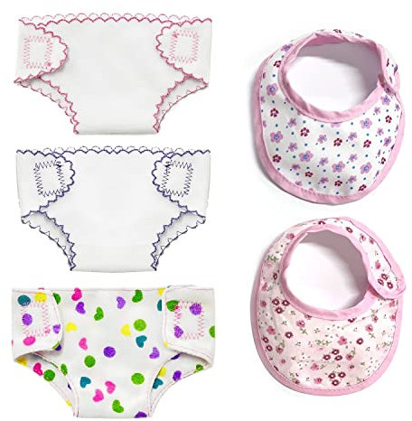 5er-Pack Puppenzubehör Windel Babypuppe Windeln Lätzchen-Set Babypuppen-Fütterungsset für 14-18-Zoll-Puppe Kann mehrfaches Waschen standhalten, wiederverwendbar für mehrere Zwecke