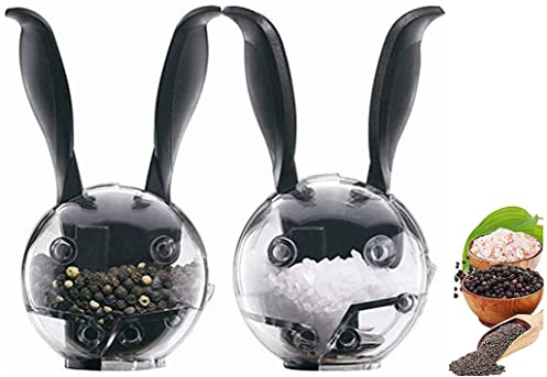 RROAD Manual Salt and Pepper Mill Set ，Mini Manual Black Pepper Grinder Multifunction Cruet Spice Grinder Ball Shape Black Rabbit Ears Design Kitchen Tools(2Pcs)
