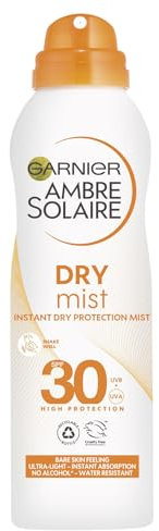 Garnier Ambre Solaire SPF 30 Dry Mist Sun Protection Spray, Water Resistant, Ultra-Light and Non-Greasy, No White Cast, For All Skin Types, 200 ml