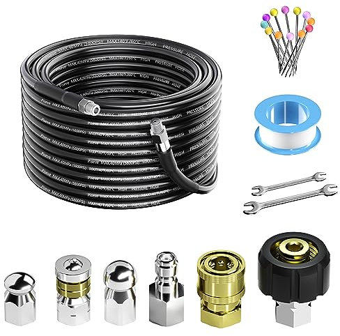 Piseve Abwasserstrahl-Set, 15 m für Hochdruckreiniger, 5800 psi, Abflussreiniger-Schlauch mit 6,35 mm NPT-Innengewinde und Nase, rotierender Kanalstrahldüse, Schnellanschluss-Set