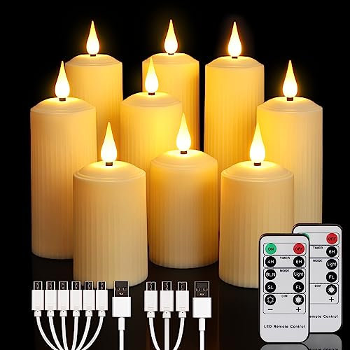ZIYOUDOLI Candele LED Ricaricabili con Timer Remoto Candele LED Impermeabili da Esterno di Tipo-C Ricaricabili Adatte per Soggiorno Esterno Giardino Sala da Pranzo 9 pezzi (5 x 10,5/14/17 cm)