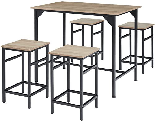 tectake® Bartisch-Set, Stehtisch mit 4 Barhockern, 5-teiliges Tischset, 100 x 60 x 88,5 cm, Industrie-Design, Tischplatte aus Holz, schwarzes Metallgestell (Industrial Holz hell, Eiche Sonoma)