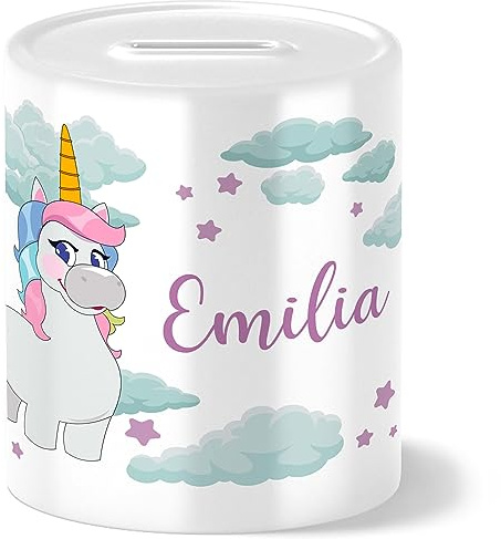 OWLBOOK® Einhorn Spardose Personalisiert Mädchen | Geschenke zur Einschulung | Taufgeschenke für Mädchen | Geschenk Taufe | Sparschwein | Sparbüchse | Wiederverschließbar | Stolzes Einhorn
