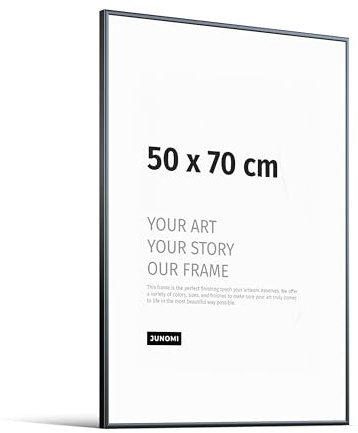 JUNOMI® Marco de fotos 50 × 70 cm – aluminio negro mate, perfil extrafino, cristal acrílico irrompible, colgador horizontal y vertical