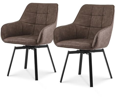 TUKAILAI Esszimmerstühle Drehbar 2er Set, Drehstuhl esszimmer Kunstleder mit Armlehnen Rückenlehne Gepolsterter Sitz Metallbeine, Armlehnstuhl Küchenstühle Polsterstuhl Sessel für Küche (Braun)