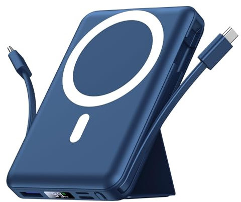 Power Bank 10 000 mAh Banque d'alimentation magnétique 22,5 W PD Charge Rapide avec USB-C, câble d'éclairage et LED, Batterie sans Fil avec Support pour iPhone 15/14/13/12/Pro/Max (Bleu)