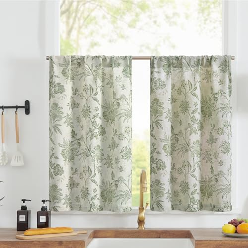 TOPICK Leinen Scheibengardinen 2er Set H60xB65(cm) Blumen Küchenvorhänge Kurz Bedrucktem landhausstil Bistrogardine Halbtransparent Gardinen Fenster Vorhänge für Wohnzimmer Grün auf Beige