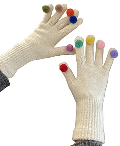 Watreketal Handschuhe,Winter-Strickhandschuhe, warme Vollfingerhandschuhe für Damen, dicke Outdoor-Skihandschuhe mit buntem Pompom-Dekor