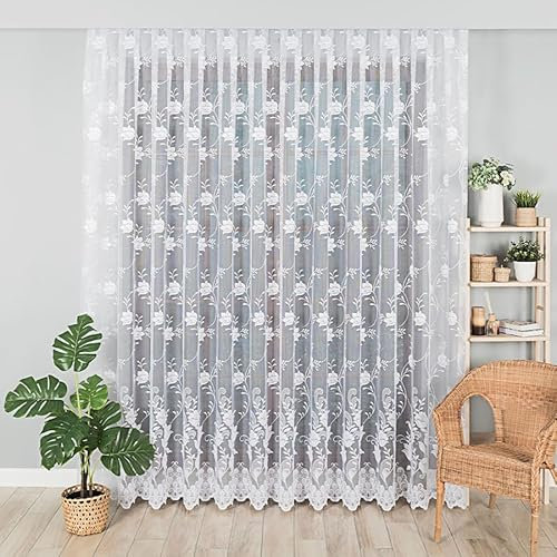 Gardinen Vorhangen Weiß 300x250 cm (BxH) Cibeles Stores Gardinen mit Kräuselband Lang Scheibengardine Wohnzimmer Vorhänge Fertiggardine Küchengardinen Blumen Muster