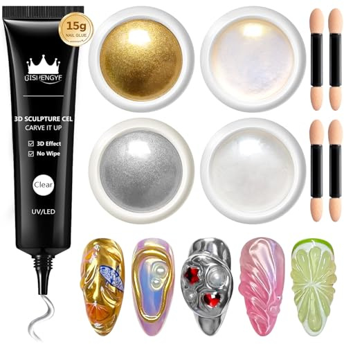 BISHENGYF 4pcs Nail Chrome Powder:Multifunktionell Rhinestone Solid Nail Glue Gel,5D-Geprägtes Candyl Nail Glue Gel Magische Spiegel-Glitzer-Nägel Dekorative Effekte Nagelkuns
