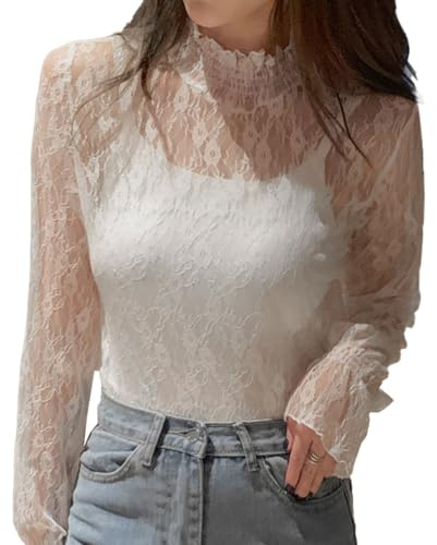 EMOTTOS Tops de Encaje Sexy de para Mujer, Camiseta de Malla con Estampado de Flores Escote Medio Alto, Elegante Festival Camiseta Rejilla Transparente para Señoras, Blanco, M