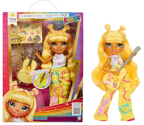 Rainbow High Junior High Rock Band - Sunny, Gelb - 23 cm Modepuppe mit Gitarre, Individuell mit Aufklebern Gestaltbar, Beweglich, Süßes Spielzeug für Kinder ab 4 Jahren