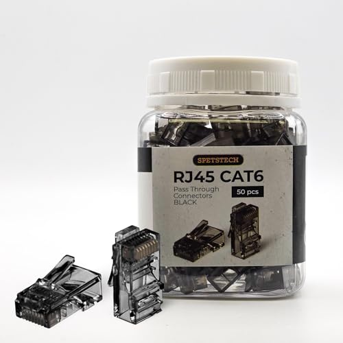 Spetstech RJ45 Cat 6 Pass-Through Connector 50-Pack - Modular Plugs for Ethernet Cables, Cat6 Ends (50, Black)
