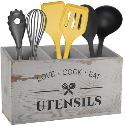 Gzsekken Utensil Holder for Kitchen Counter, Large 3 Compartments Wood Kitchen Utensils Organiser, Cutlery Holder with Drainer, Kitchen Utensil Storage & Organisation
