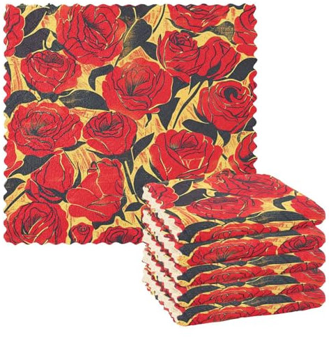 EtherSpher Retro Red Rose Oil Painting Style Microfiber Cleaning Cloths Tea Towel Set Absorbent Dish Towels and Dish Cloths Kitchen Hanging Hand Towels Cute Decor Dry (longword) 11x11in