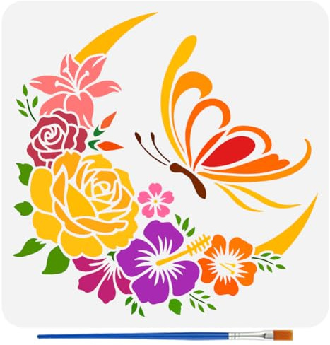 FINGERINSPIRE Stencil con fiori farfalla per dipingere con pennello 30 x 30 cm riutilizzabile luna fiore foglia modello scavato rosa giglio stencil plastica PET modello a tema fantasy per decorazione