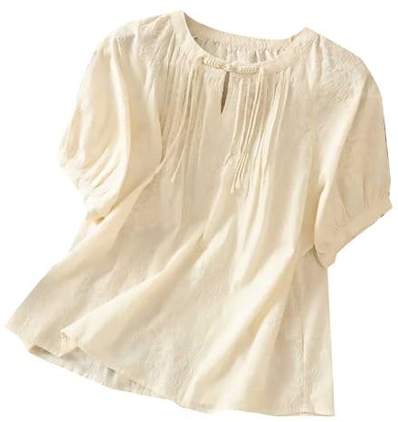 Donna Camicetta in Lino Cotone Primavera Girocollo Scollo Estive Maglietta Comodo Elegante Leggero Casual Blusa Traspirante Moda Classica Top con Bottoni Lavoro Manica Corta Camicia in Lino