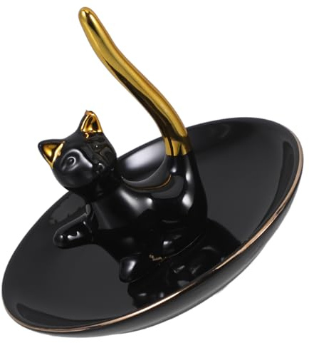 WRITWAA Keramik Schmucktablett mit Katzenfigur Schwarzes Ringschale Schmuckablage Multifunktional für Badezimmer und Schreibtisch Elegantes Design und Feine Struktur