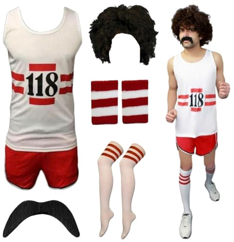 WICKEDFASHIONS123 Womens Unisex Mens 118 Set Fancy Dress Costume Marathon Retro Sleeveless Vest Short full set, Shorts, TASH, Socks and Wig Set For Unisex UK Sizes Small To 2X-Large