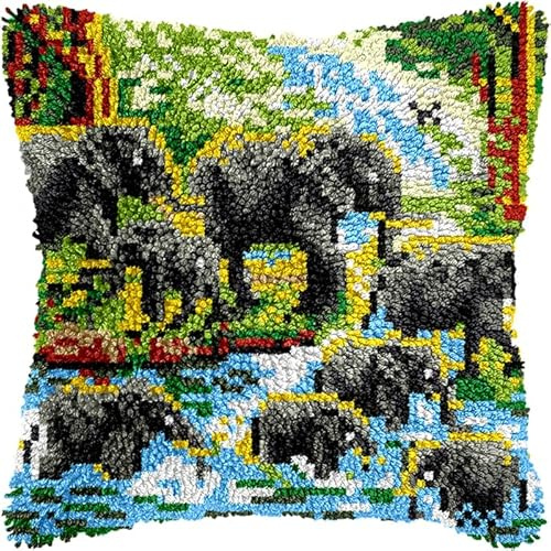YarnAdventures Waldlandschaft Knüpfkissen Zum Selber Knüpfen,Eine Gruppe von Tieren Elefanten,Kissen Hülle Sofakissenbezug,Knüpfkissen Set für Kinder Erwachsene,Heimdekoration,17x17in
