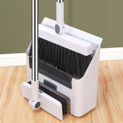BEOSIOR Broom with Dustpan Combo Set, Brooms for Sweeping Indoor and Outdoor 3 in 1 Long Handle Broom, Brush and Dustpan Set,Broom Heavy-Duty for Home Cleaning Bathroom Kitchen (White)