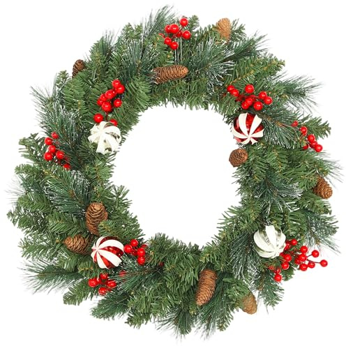 HOMCOM Ghirlanda Natalizia da 60 cm con 146 Rami, Pigne, Bacche e Palline, Decorazione Natalizia per Porta e Finestra, Corona di Natale con Rami Innevati, Verde