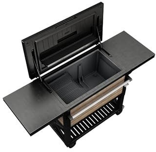 Keter Signature Patio Cooler & Beverage Cart – Ashwood Brown | 85L Outdoor Drinks Chiller | DecoCoat Wood-Effect & Cast-Iron Finish | Weatherproof, Lockable Wheels, Fold-Out Shelves