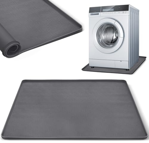 Washing Machine Drain Pan, Extra-Large Silicone Washing Machine Mat with High Raised Edges, Non-Slip Waterproof Washer Drip Tray, Leak Proof Anti-Vibration Floor Protector (27 x 27 Inch, Grey)