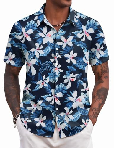 COOFANDY Camicie Hawaiane Uomo Maniche Corte Camicie Estive Casual Spiaggia vestibilità Regolare Camicia Tropicali Floreale Blu Navy/Giglio M