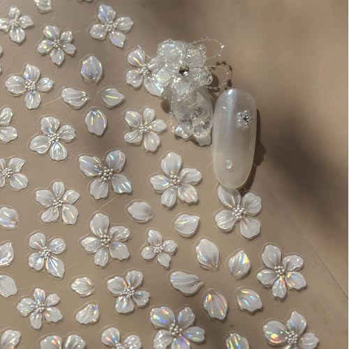 Zosutetoxo 5D Blumen Nagelsticker Selbstklebend Weiße Blumen mit Schalenlicht-Effekt Kristall Blumen Nageldesign für DIY Maniküre